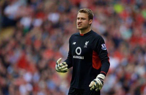 LIVERPOOL, ENGLAND - Saturday, September 26, 2015: Liverpool's goalkeeper Simon Mignolet in action against Aston Villa during the Premier League match at Anfield. (Pic by David Rawcliffe/Propaganda)