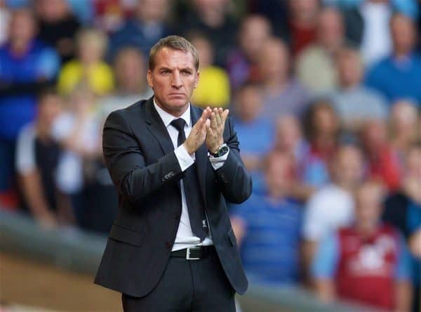 LIVERPOOL, ENGLAND - Saturday, September 26, 2015: Liverpool's manager Brendan Rodgers during the Premier League match against Aston Villa at Anfield. (Pic by David Rawcliffe/Propaganda)