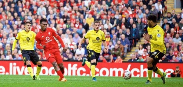 LIVERPOOL, ENGLAND - Saturday, September 26, 2015: Liverpool's Daniel Sturridge scores the third goal against Aston Villa during the Premier League match at Anfield. (Pic by David Rawcliffe/Propaganda)