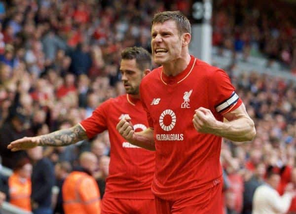 LIVERPOOL, ENGLAND - Saturday, September 26, 2015: Liverpool's James Milner celebrates after the 3-2 victory over Aston Villa during the Premier League match at Anfield. (Pic by David Rawcliffe/Propaganda)