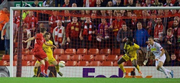 LIVERPOOL, ENGLAND - Thursday, October 1, 2015: Liverpool's Adam Lallana scores the first goal against FC Sion during the UEFA Europa League Group Stage Group B match at Anfield. (Pic by David Rawcliffe/Propaganda)