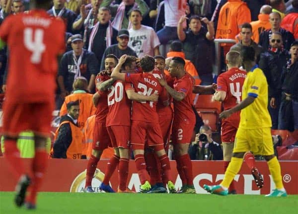 LIVERPOOL, ENGLAND - Thursday, October 1, 2015: Liverpool's Adam Lallana celebrates scoring the first goal against FC Sion during the UEFA Europa League Group Stage Group B match at Anfield. (Pic by David Rawcliffe/Propaganda)