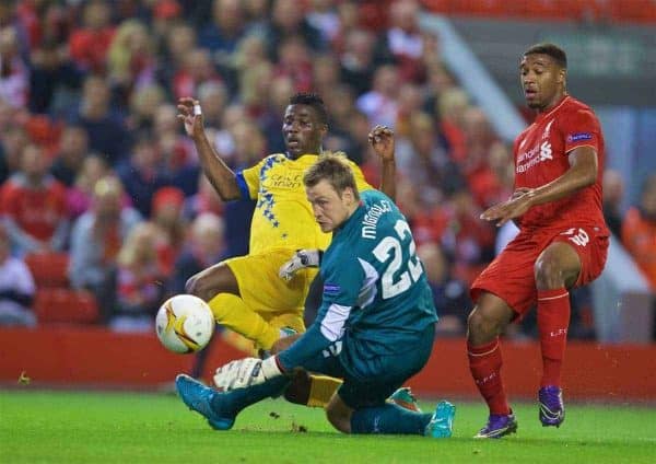 LIVERPOOL, ENGLAND - Thursday, October 1, 2015: FC Sion's Ebenezer Assifuah scores the first equalising goal past Liverpool's goalkeeper Simon Mignolet during the UEFA Europa League Group Stage Group B match at Anfield. (Pic by David Rawcliffe/Propaganda)