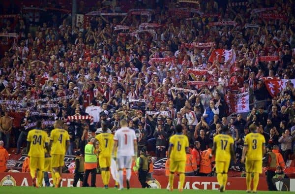 LIVERPOOL, ENGLAND - Thursday, October 1, 2015: FC Sion players and supporters after their 1-1 draw with Liverpool during the UEFA Europa League Group Stage Group B match at Anfield. (Pic by David Rawcliffe/Propaganda)