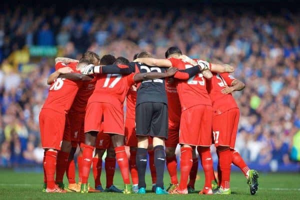 LIVERPOOL, ENGLAND - Sunday, October 4, 2015: Liverpool players team huddle before the Premier League match against Everton at Goodison Park, the 225th Merseyside Derby. (Pic by David Rawcliffe/Propaganda)