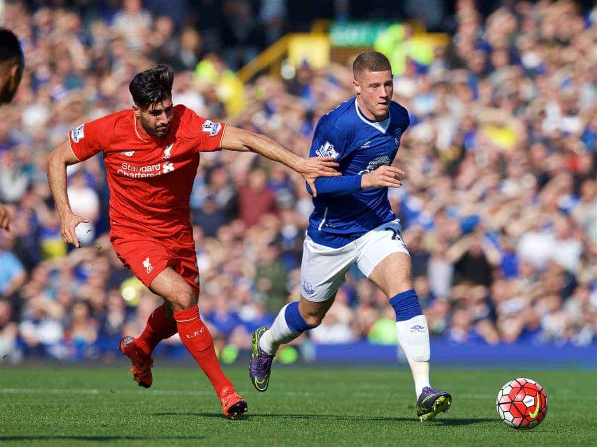 LIVERPOOL, ENGLAND - Sunday, October 4, 2015: Liverpool's Emre Can in action against Everton's Ross Barkley during the Premier League match at Goodison Park, the 225th Merseyside Derby. (Pic by David Rawcliffe/Propaganda)