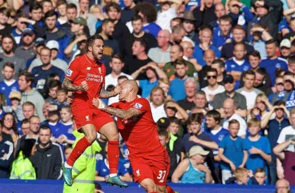 LIVERPOOL, ENGLAND - Sunday, October 4, 2015: Liverpool's Danny Ings celebrates scoring the first goal against Everton during the Premier League match at Goodison Park, the 225th Merseyside Derby. (Pic by David Rawcliffe/Propaganda)