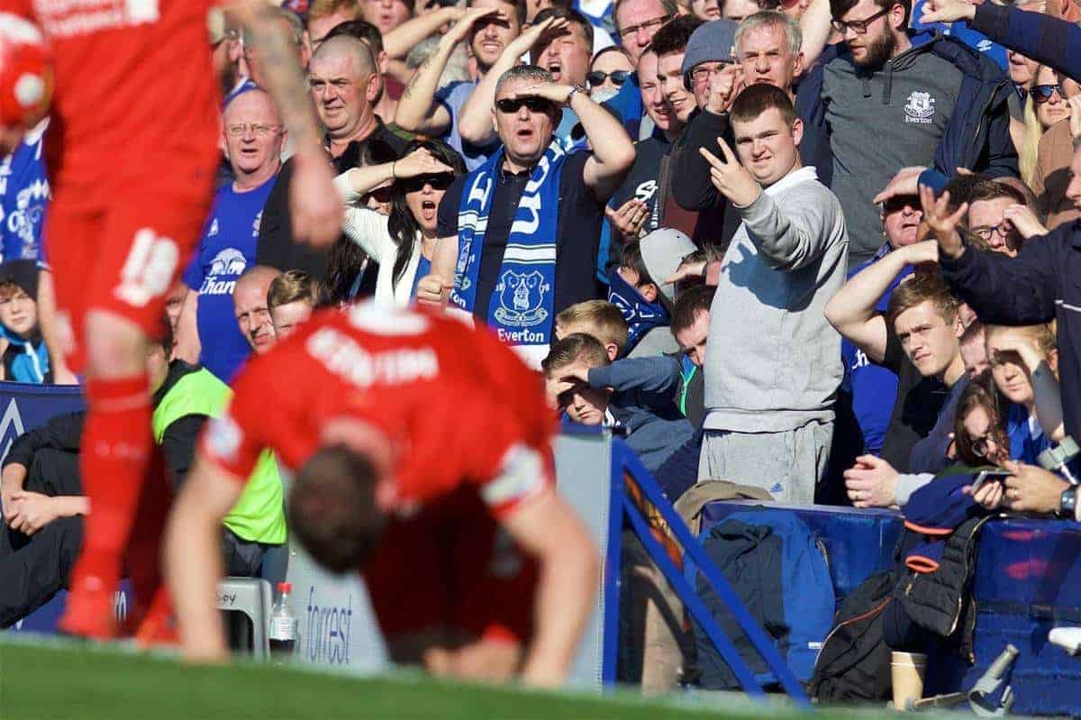 LIVERPOOL, ENGLAND - Sunday, October 4, 2015: An Everton supporter makes his feelings know during the Premier League match against Liverpool at Goodison Park, the 225th Merseyside Derby. (Pic by David Rawcliffe/Propaganda)