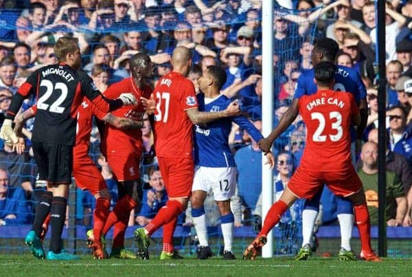 LIVERPOOL, ENGLAND - Sunday, October 4, 2015: Liverpool's Mamadou Sakho and Everton's Romelu Lukaku are separated by team-mates after a clash during the Premier League match at Goodison Park, the 225th Merseyside Derby. (Pic by David Rawcliffe/Propaganda)