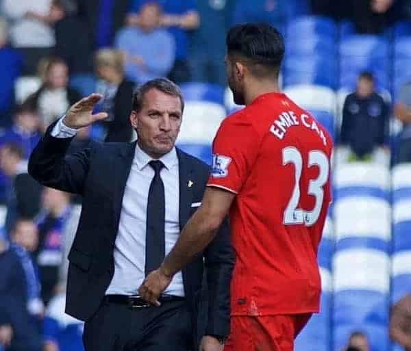 LIVERPOOL, ENGLAND - Sunday, October 4, 2015: Liverpool's manager Brendan Rodgers with Emre Can after 1-1 draw in the Premier League match against Everton at Goodison Park, the 225th Merseyside Derby. (Pic by Lexie Lin/Propaganda)