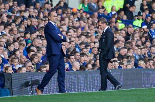 LIVERPOOL, ENGLAND - Sunday, October 4, 2015: Liverpool's manager Brendan Rodgers looking frustrated during the Premier League match against Everton at Goodison Park, the 225th Merseyside Derby. (Pic by Lexie Lin/Propaganda)