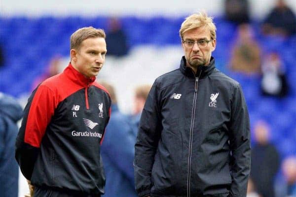 LONDON, ENGLAND - Saturday, October 17, 2015: Liverpool's manager Jürgen Klopp and first-team development coach Pepijn Lijnders before the Premier League match against Tottenham Hotspur at White Hart Lane. (Pic by David Rawcliffe/Kloppaganda)