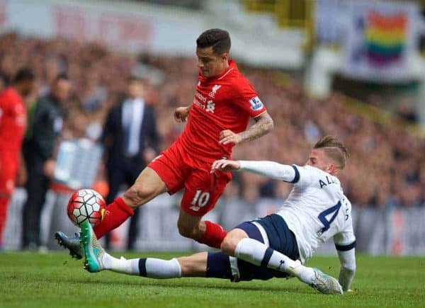 LONDON, ENGLAND - Saturday, October 17, 2015: Liverpool's Philippe Coutinho Correia in action against Tottenham Hotspur's Toby Alderweireld during the Premier League match at White Hart Lane. (Pic by David Rawcliffe/Kloppaganda)