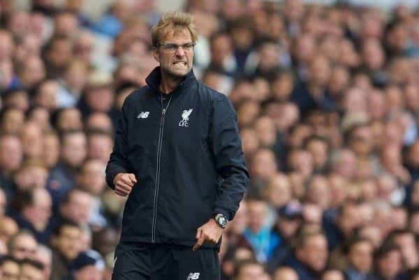 LONDON, ENGLAND - Saturday, October 17, 2015: Liverpool's manager Jürgen Klopp during the Premier League match against Tottenham Hotspur at White Hart Lane. (Pic by David Rawcliffe/Kloppaganda)