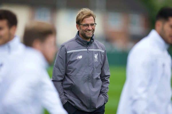 LIVERPOOL, ENGLAND - Wednesday, October 21, 2015: Liverpool's manager Jürgen Klopp during a training session at Melwood Training Ground ahead of the UEFA Europa League Group Stage Group B match against FC Rubin Kazan. (Pic by David Rawcliffe/Propaganda)