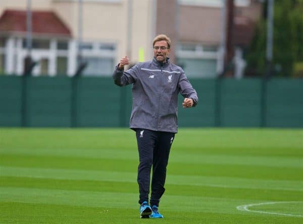 LIVERPOOL, ENGLAND - Wednesday, October 21, 2015: Liverpool's manager Jürgen Klopp during a training session at Melwood Training Ground ahead of the UEFA Europa League Group Stage Group B match against FC Rubin Kazan. (Pic by David Rawcliffe/Propaganda)