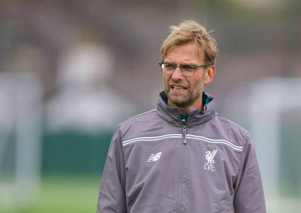 LIVERPOOL, ENGLAND - Wednesday, October 21, 2015: Liverpool's manager Jürgen Klopp during a training session at Melwood Training Ground ahead of the UEFA Europa League Group Stage Group B match against FC Rubin Kazan. (Pic by David Rawcliffe/Propaganda)