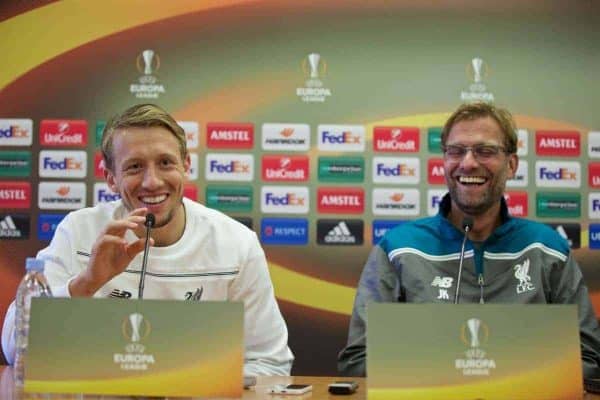 LIVERPOOL, ENGLAND - Wednesday, October 21, 2015: Liverpool's Lucas Leiva during a press conference at Melwood Training Ground ahead of the UEFA Europa League Group Stage Group B match against FC Rubin Kazan. (Pic by David Rawcliffe/Propaganda)