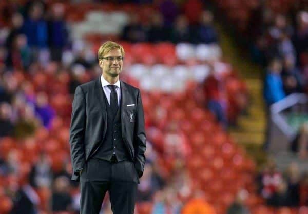 LIVERPOOL, ENGLAND - Thursday, October 22, 2015: Liverpool's new manager Jürgen Klopp watches his side warm-up before the UEFA Europa League Group Stage Group B match against Rubin Kazan at Anfield. (Pic by David Rawcliffe/Propaganda)