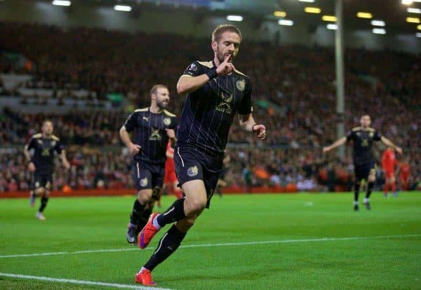 LIVERPOOL, ENGLAND - Thursday, October 22, 2015: Rubin Kazan's Marko Devi? celebrates scoring the first goal against Liverpool during the UEFA Europa League Group Stage Group B match at Anfield. (Pic by David Rawcliffe/Propaganda)