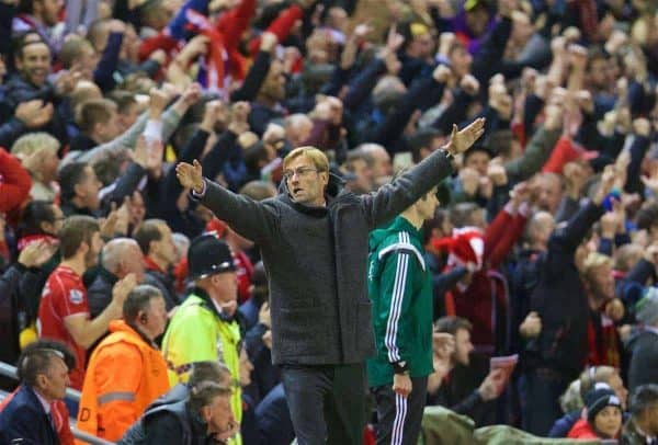 LIVERPOOL, ENGLAND - Thursday, October 22, 2015: Liverpool's manager Jürgen Klopp celebrates the first goal against Rubin Kazan during the UEFA Europa League Group Stage Group B match at Anfield. (Pic by David Rawcliffe/Propaganda)