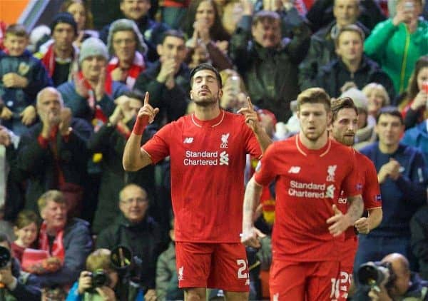 LIVERPOOL, ENGLAND - Thursday, October 22, 2015: Liverpool's Emre Can celebrates scoring the first goal against Rubin Kazan during the UEFA Europa League Group Stage Group B match at Anfield. (Pic by David Rawcliffe/Propaganda)