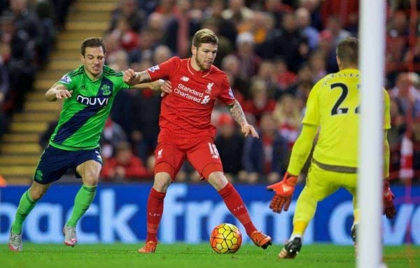 LIVERPOOL, ENGLAND - Sunday, October 25, 2015: Liverpool's Alberto Moreno in action against Southampton's goalkeeper Maarten Stekelenburg during the Premier League match at Anfield. (Pic by David Rawcliffe/Propaganda)