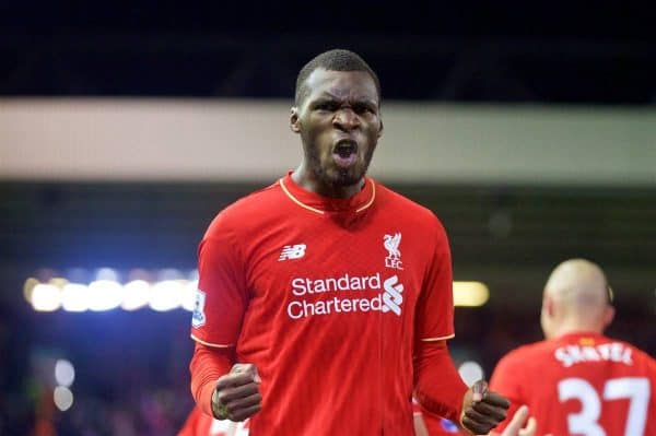 LIVERPOOL, ENGLAND - Sunday, October 25, 2015: Liverpool's Christian Benteke celebrates scoring the first goal against Southampton during the Premier League match at Anfield. (Pic by David Rawcliffe/Propaganda)