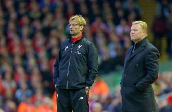 LIVERPOOL, ENGLAND - Sunday, October 25, 2015: Liverpool's manager Jürgen Klopp and Southampton's manager Ronald Koeman during the Premier League match against Southampton at Anfield. (Pic by David Rawcliffe/Propaganda)