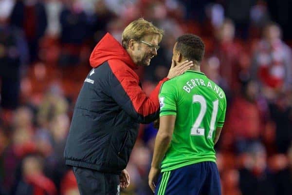 LIVERPOOL, ENGLAND - Sunday, October 25, 2015: Liverpool's Jurgen Klopp talks to Southampton's Ryan Bertrand during the Premier League match at Anfield. (Pic by David Rawcliffe/Propaganda)