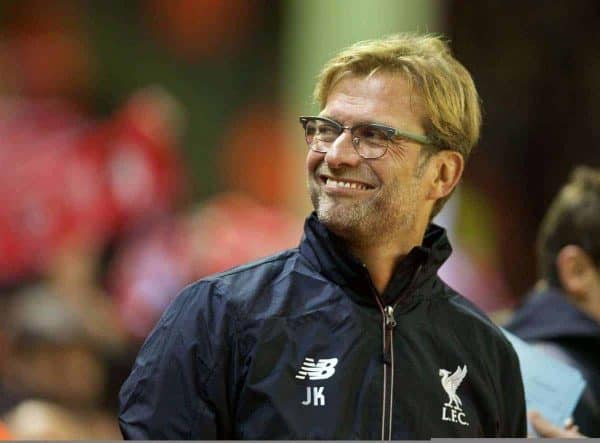 LIVERPOOL, ENGLAND - Wednesday, October 28, 2015: Liverpool's manager Jurgen Klopp before the Football League Cup 4th Round match against AFC Bournemouth at Anfield. (Pic by David Rawcliffe/Propaganda)