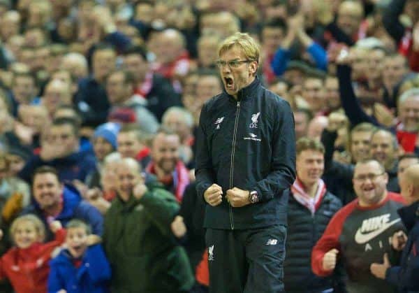 LIVERPOOL, ENGLAND - Wednesday, October 28, 2015: Liverpool's manager Jürgen Klopp celebrates the first goal against AFC Bournemouth during the Football League Cup 4th Round match at Anfield. (Pic by David Rawcliffe/Propaganda)