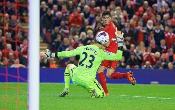 LIVERPOOL, ENGLAND - Wednesday, October 28, 2015: Liverpool's Joao Carlos Teixeira back heels the ball past AFC Bournemouth's goalkeeper Adam Federici during the Football League Cup 4th Round match at Anfield. (Pic by David Rawcliffe/Propaganda)