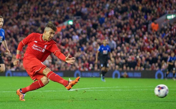 LIVERPOOL, ENGLAND - Wednesday, October 28, 2015: Liverpool's Roberto Firmino in action against AFC Bournemouth during the Football League Cup 4th Round match at Anfield. (Pic by David Rawcliffe/Propaganda)