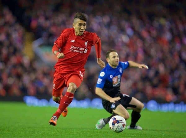 LIVERPOOL, ENGLAND - Wednesday, October 28, 2015: Liverpool's Roberto Firmino in action against AFC Bournemouth during the Football League Cup 4th Round match at Anfield. (Pic by David Rawcliffe/Propaganda)