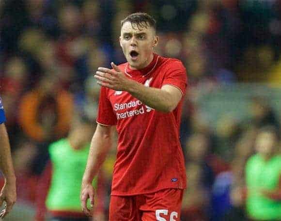 LIVERPOOL, ENGLAND - Wednesday, October 28, 2015: Liverpool's Connor Randall n action against AFC Bournemouth during the Football League Cup 4th Round match at Anfield. (Pic by David Rawcliffe/Propaganda)