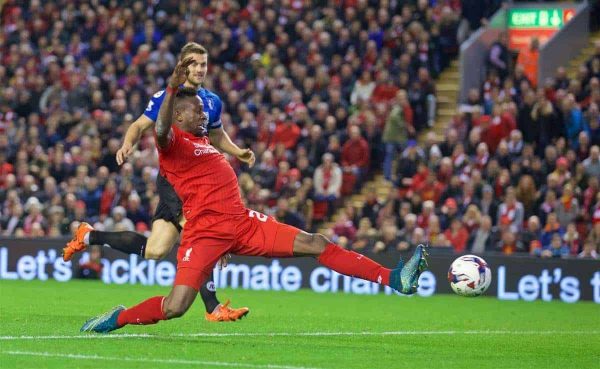 LIVERPOOL, ENGLAND - Wednesday, October 28, 2015: Liverpool's Divock Origi in action against AFC Bournemouth during the Football League Cup 4th Round match at Anfield. (Pic by David Rawcliffe/Propaganda)