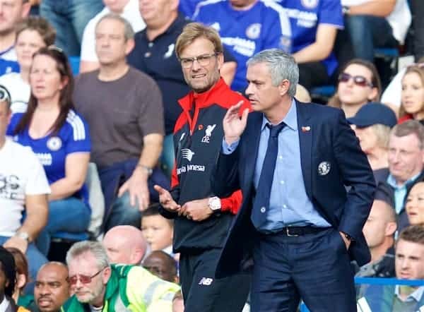 LONDON, ENGLAND - Saturday, October 31, 2015: Chelsea's manager Jose Mourinho and Liverpool's manager Jürgen Klopp during the Premier League match at Stamford Bridge. (Pic by David Rawcliffe/Propaganda)