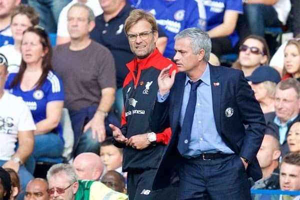 LONDON, ENGLAND - Saturday, October 31, 2015: Chelsea's manager Jose Mourinho and Liverpool's manager Jürgen Klopp during the Premier League match at Stamford Bridge. (Pic by David Rawcliffe/Propaganda)