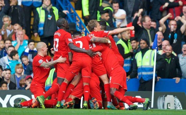 LONDON, ENGLAND - Saturday, October 31, 2015: Liverpool's Philippe Coutinho Correia celebrates scoring the second goal against Chelsea during the Premier League match at Stamford Bridge. (Pic by David Rawcliffe/Propaganda)