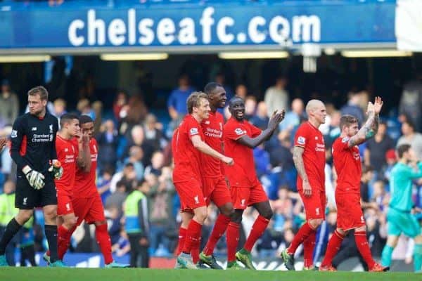 LONDON, ENGLAND - Saturday, October 31, 2015: Liverpool's Lucas Leiva, Christian Benteke and Mamadou Sakho celebrate after their 3-1 victory over Chelsea during the Premier League match at Stamford Bridge. (Pic by David Rawcliffe/Propaganda)