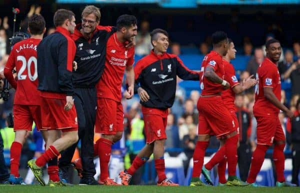 LONDON, ENGLAND - Saturday, October 31, 2015: Liverpool manager Jurgen Klopp celebrates the 3-1 victory over Chelsea with Emre Can and James Milner after the Premier League match at Stamford Bridge. (Pic by Lexie Lin/Propaganda)