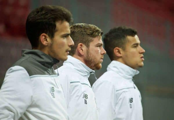 KAZAN, RUSSIA - Wednesday, November 4, 2015: Liverpool's Pedro Chirivella, Alberto Moreno and Philippe Coutinho Correia training at the Kazan Arena ahead of the UEFA Europa League Group Stage Group B match against FC Rubin Kazan. (Pic by Oleg Nikishin/Propaganda)