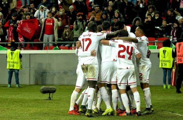 KAZAN, RUSSIA - Thursday, November 5, 2015: Liverpool's Jordon Ibe [hidden] celebrates scoring the first goal against Rubin Kazan with team-mates during the UEFA Europa League Group Stage Group B match at the Kazan Arena. (Pic by Oleg Nikishin/Propaganda)