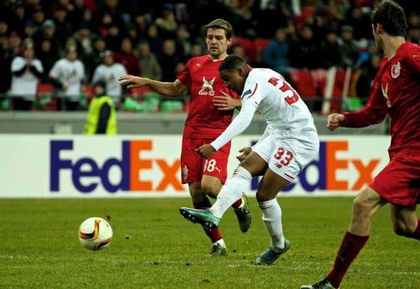 KAZAN, RUSSIA - Thursday, November 5, 2015: Liverpool's Jordon Ibe scores the winning goal against Rubin Kazan to seal a 1-0 victory during the UEFA Europa League Group Stage Group B match at the Kazan Arena. (Pic by Oleg Nikishin/Propaganda)