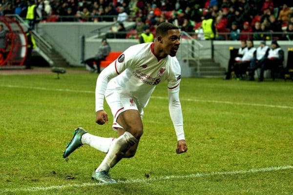 KAZAN, RUSSIA - Thursday, November 5, 2015: Liverpool's Jordon Ibe celebrates scoring the winning goal against Rubin Kazan to seal a 1-0 victory during the UEFA Europa League Group Stage Group B match at the Kazan Arena. (Pic by Oleg Nikishin/Propaganda)