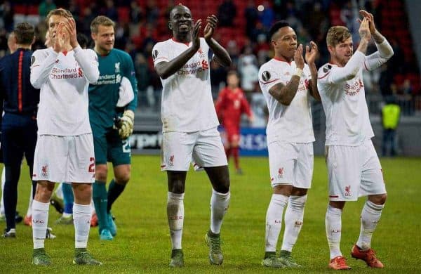 KAZAN, RUSSIA - Thursday, November 5, 2015: Liverpool's Lucas Leiva, Mamadou Sakho, Nathaniel Clyne and Alberto Moreno celebrate after the 1-0 victory over Rubin Kazan during the UEFA Europa League Group Stage Group B match at the Kazan Arena. (Pic by Oleg Nikishin/Propaganda)