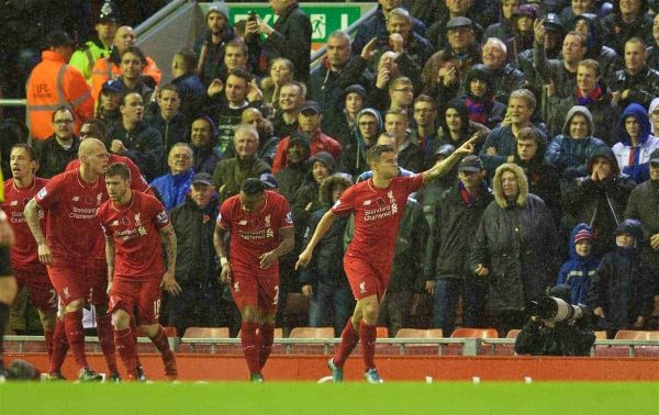 LIVERPOOL, ENGLAND - Sunday, November 8, 2015: Liverpool's Philippe Coutinho Correia celebrates scoring the first equalising goal against Crystal Palace during the Premier League match at Anfield. (Pic by David Rawcliffe/Propaganda)