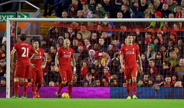 LIVERPOOL, ENGLAND - Sunday, November 8, 2015: Liverpool's Martin Skrtel and Dejan Lovren look dejected as Crystal Palace score the second goal during the Premier League match at Anfield. (Pic by David Rawcliffe/Propaganda)