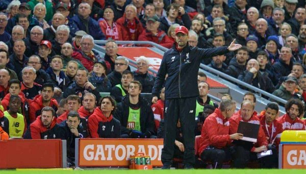 LIVERPOOL, ENGLAND - Sunday, November 8, 2015: Liverpool's manager Jürgen Klopp during the Premier League match against Crystal Palace at Anfield. (Pic by David Rawcliffe/Propaganda)